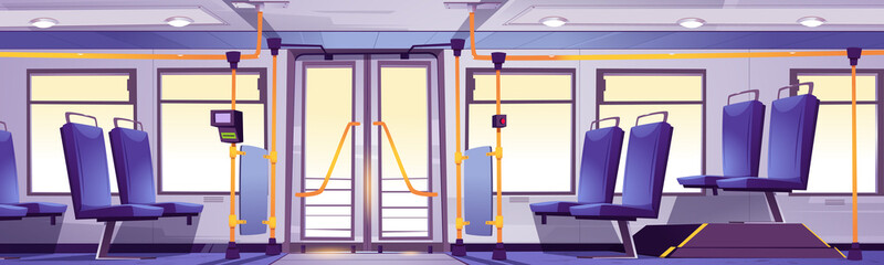 Bus interior, public transport empty salon with seats, handles, pos terminal for cashless payment and glass doors or windows. Urban commuter inside view, new city vehicle, Cartoon vector illustration © klyaksun