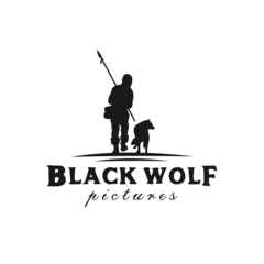 Walking Polar Hunter bring a spear with Wolf Silhouette Vintage Rustic Hand drawn Logo design
