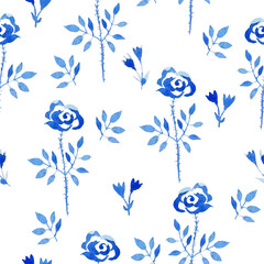 Watercolor sketch of blue roses on a white background. Floral seamless pattern.