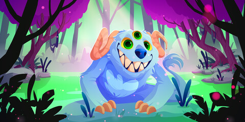 Funny alien monster cartoon character at fantasy nature landscape. Cute strange animal with blue fur, curve horns, smiling toothed muzzle and many eyes. Whimsical spooky creature Vector illustration
