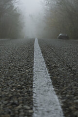 A solid white line in the middle of an asphalt road stretches through a foggy forest. There is a black car standing on the side of the road. Selective Focus