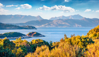 Nice summer cityscape of Saranda town. Colorful Ionian seascape. Picturesque morning scene of...