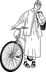 Woman with bicycle Young People city lifestyle Hand drawn line art Illustration