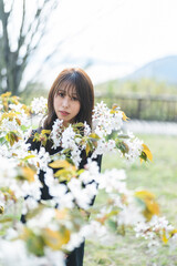 Naklejka premium 夕暮れの公園を散策する女性