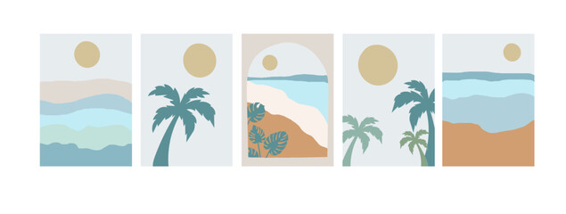 Fototapeta na wymiar Collection of modern simple abstract landscapes in boho style: seashore, monstera leaves, palm trees, sun and ocean on background
