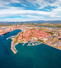 Captivating summer view from flying drone of Koper port. Wonderful outdoor scene of Adriatic...
