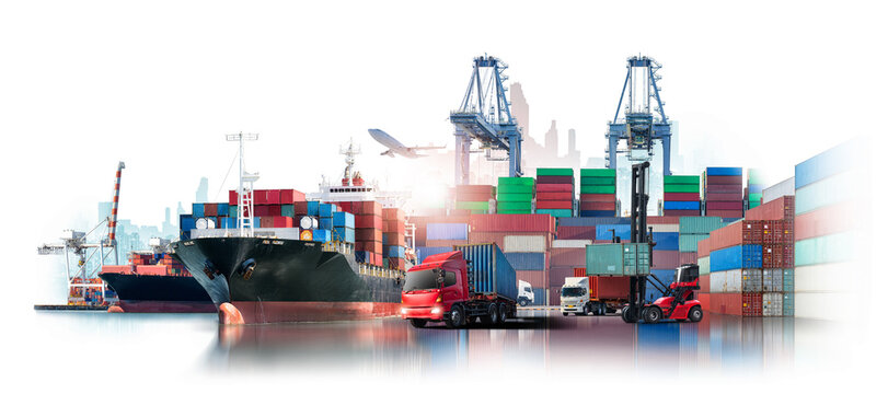 Global business logistics import export of containers cargo freight ship loading at port by crane, container handlers, cargo plane, truck on city background with copy space, transport industry concept