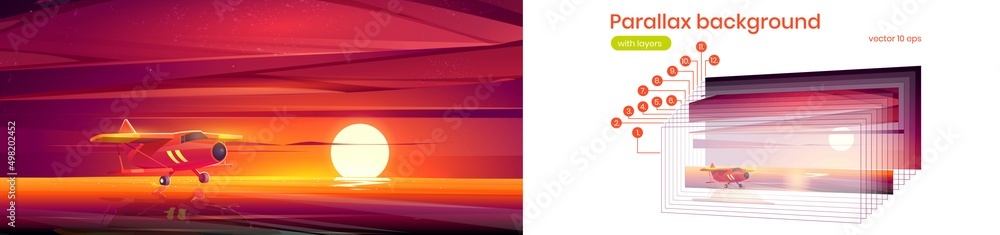 Aufkleber red plane fly over sea at sunset. vector parallax background ready for 2d animation with with cartoo