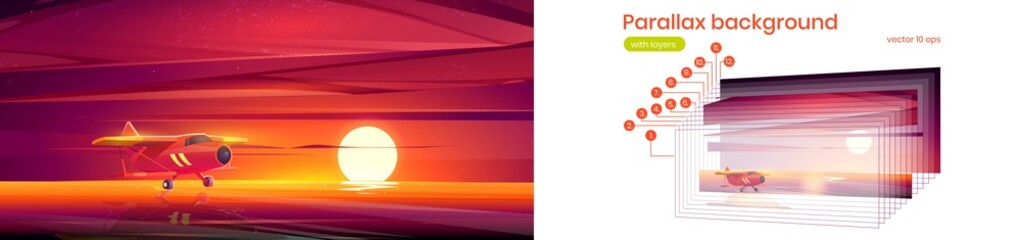 Red plane fly over sea at sunset. Vector parallax background ready for 2d animation with with cartoon illustration of evening landscape with lake, sun on horizon and biplane flying above water surface © klyaksun