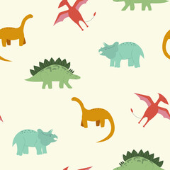 Baby seamless pattern with dinosaurs. Funny flat animals. Colorful childish print with Dino. Creative vector background in Scandinavian style. Cute cartoon dinosaurs