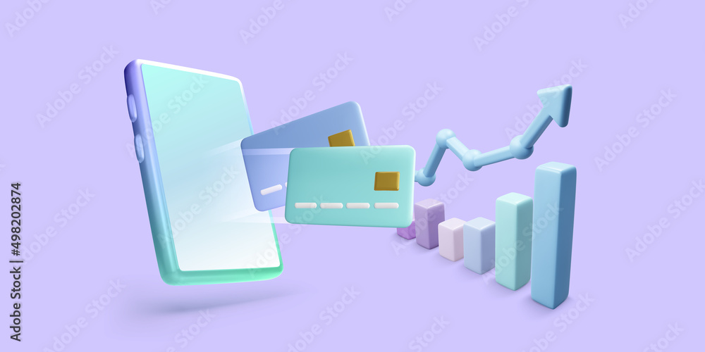 Aufkleber manage money use mobile phone or application. 3d phone and graph with arrow up and credit card. fina