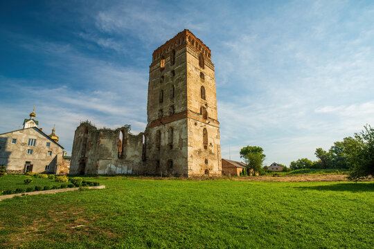 Picturesque ruins of Dominican Monastery with defensive tower in Starokostiantyniv, Khmelnytskyi region, Ukraine