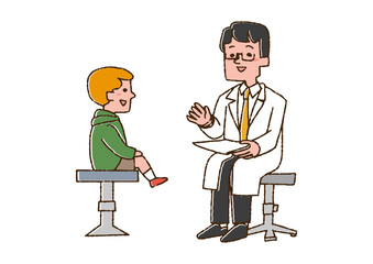 医師の診察を受ける男の子　コミカルな手書きの人物　ベクター、線画にカラー