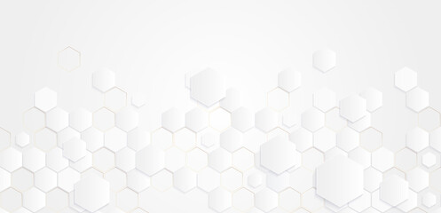 Abstract modern white hexagon shape background with hexagonal gold line elements. Luxury white graphic pattern design. Suit for banner, poster, cover, brochure, presentation. Vector illustration