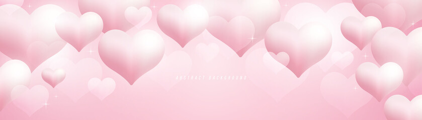 Obraz na płótnie Canvas Abstract realistic pastel pink hearts shape background. Bright pink horizontal banner. Romantic cute balloons heart shape design elements. Minimal style graphic pattern. Vector Illustration