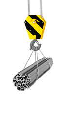 Rolled metal products suspended on a crane. 3d render