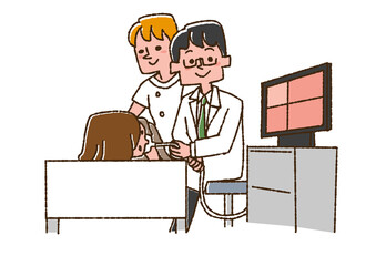 胃カメラ検査を受ける女性　コミカルな手書きの人物　ベクター、線画にカラー