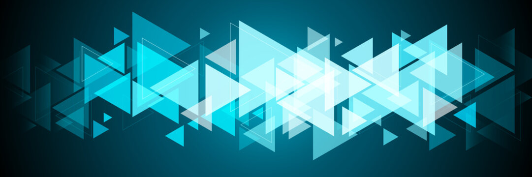 Abstract glowing triangle shape vector on blue background. Bright geometric elements. Modern polygon shapes graphic pattern. Futuristic technology concept texture. Vector Illustration