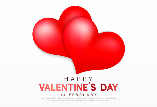 Happy Valentine's Day. Realistic red heart shape on white background. Two red hearts graphic with shadow. Romantic banner creative design with space for text. Vector Illustration