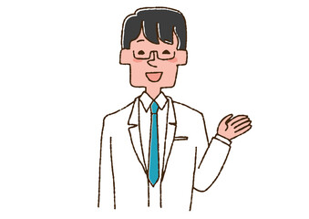 笑顔で説明する医師　コミカルな手書きの人物　ベクター、線画にカラー