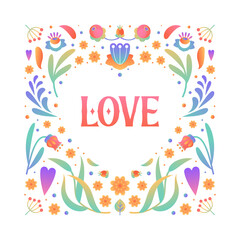 Geometric floral frame heart shape. Gradient spring flowers and butterflies. Romantic natural botanical motif. Floral arrangement. Design for greeting cards, wedding, baby shower