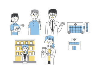 病院と医療従事者のイラストセット　コミカルな手書きの人物　ベクター、線画にカラー