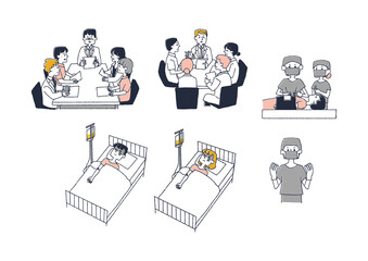 重大な病気や事故での入院のセット　コミカルな手書きの人物　ベクター、線画にカラー