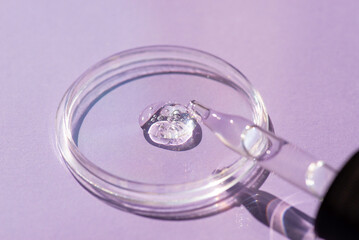 Dropper pipette with serum or cosmetic liquid i on purple in a transparent container on purple...