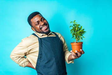 Tired african american man having backache while gardening studio blue background