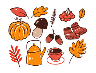 Hand drawn autumn fall and thanksgiving season doodle elements set.
