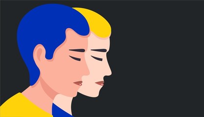 Ukrainian men in profile close-up. Sad guys on a dark background. Vector male Ukrainian characters. For peace and freedom. Yellow and blue. Cartoon isolated illustration in flat design.