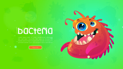 Funny bacteria or germ cartoon web banner. Spooky virus cell character with toothy face, many eyes, red body and antennas. Pathogen microbe, mold, monster, allergy or alien mutant, Vector illustration