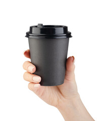 Black paper cup of coffee in hand isolated. Mock-up.