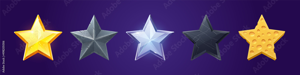 Poster star shape buttons with gold, silver, stone, marble and cheese textures for ui design. vector cartoo