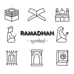 Ramadan line icon set, islamic holiday symbols collection, vector sketches, logo illustrations, islam icons, muslim day signs linear pictograms package isolated on white background,