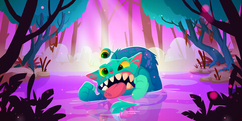 Fantasy monster in swamp in magic forest. Vector cartoon illustration of jungle landscape with lake and funny fantastic creature, angry alien animal with fur, teeth and three eyes © klyaksun