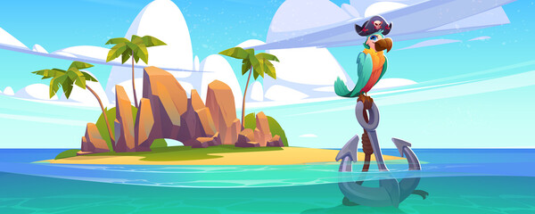 Pirate parrot in hat on anchor on sea beach. Vector cartoon illustration of uninhabited tropical island landscape with palm trees, rocks, and corsair bird in black hat with skull