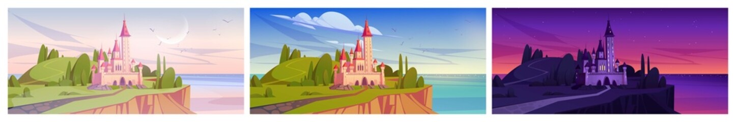 Fototapeta Magic castle on mountain sea cliff at dusk, morning and day time summer season. Fairytale pink princess palace at ocean seascape view under cloudy sky. Fantasy architecture Cartoon vector illustration obraz