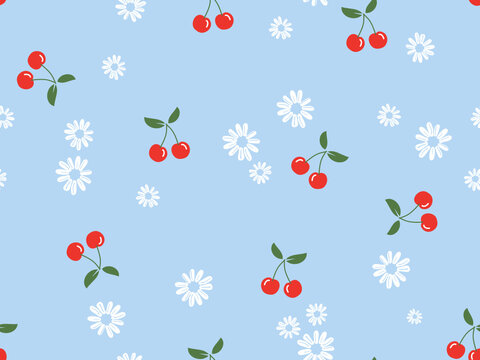 Seamless pattern with cherry fruit and cute flower on blue background vector.