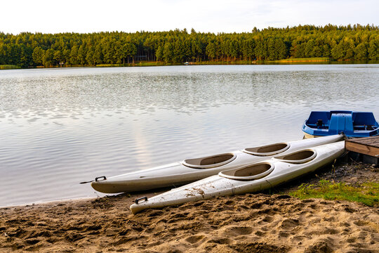 Recreation pontoons on shore of Jezioro Gwiazdy lake in Bukowo Borowy Mlyn Village of Pomerania in Kashubian region of northern Poland