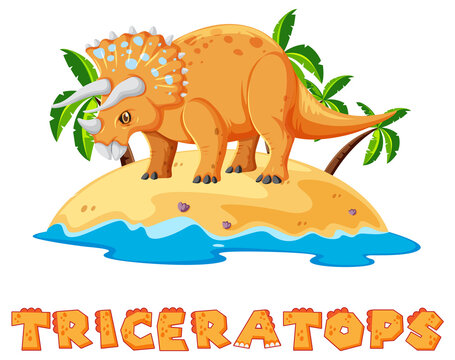 Scene with dinosaurs triceratops with text design on island