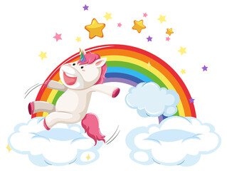 Obraz na płótnie Canvas Pink unicorn jumping on a cloud with rainbow
