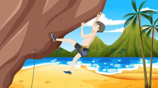 Rock climbing on cliff at the beach