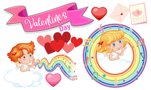 Valentine day with cupid and musical rainbow