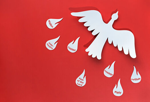 seven gifts from holy spirit in the form of a white dove, the flames of the gifts of the holy spirit