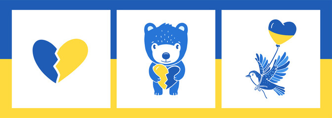 Ukraine banner with national colours. Heart, bear, bird vector illustration.