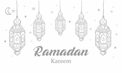 Ramadan Kareem greeting card with one line islamic ornament. Vintage hand drawn vector illustration Isolated on white background.