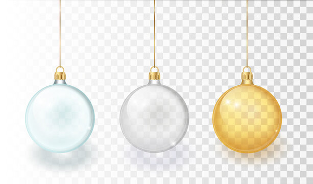 Vector Realistic 3d Christmas Glossy Glass Ball, Mock-up Set Closeup Isolated on Transparency Grid Background. Design Template of Xmas and New Year Tree Toy Decoration Ball for Mockup