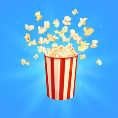Flying popcorn in striped red box. Cartoon vector illustration.