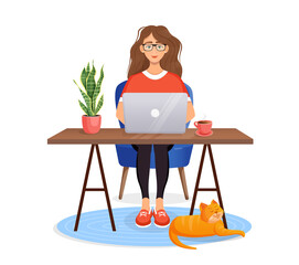 Woman sits at a table, works at home at a computer. Remote work, freelance, home office, programming, training. Cozy working interior with a cat. Vector illustration